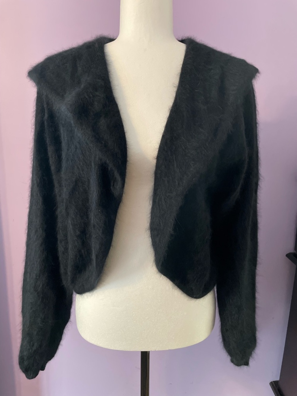 Angora Lambswool blend Black Fuzzy Open-Front Women's Sweater